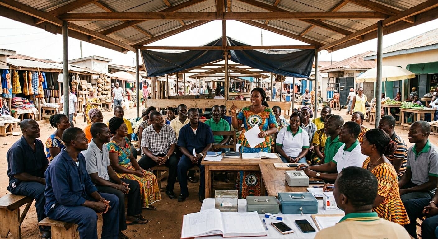 A cooperative meeting under a market shelter, with record books and cash boxes on the table