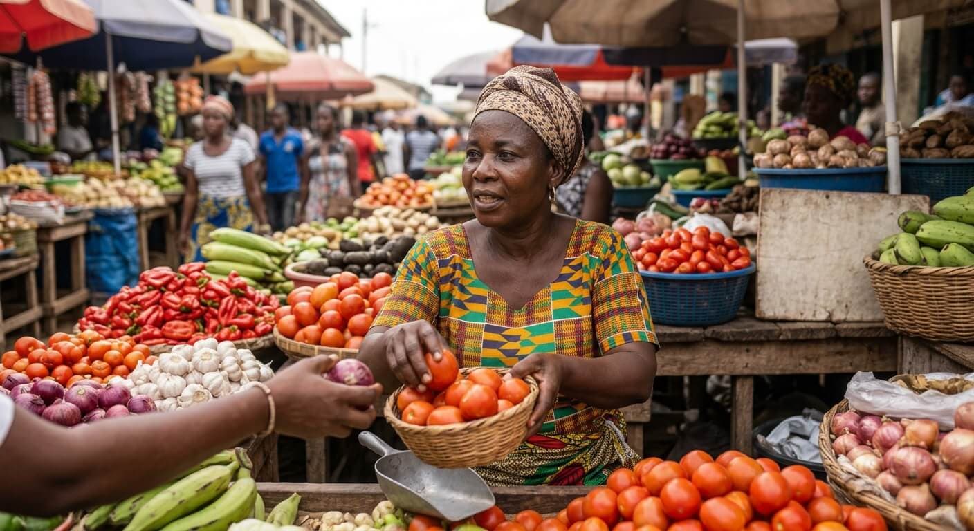 A trader selling tomatoes from a basket at a busy market stall